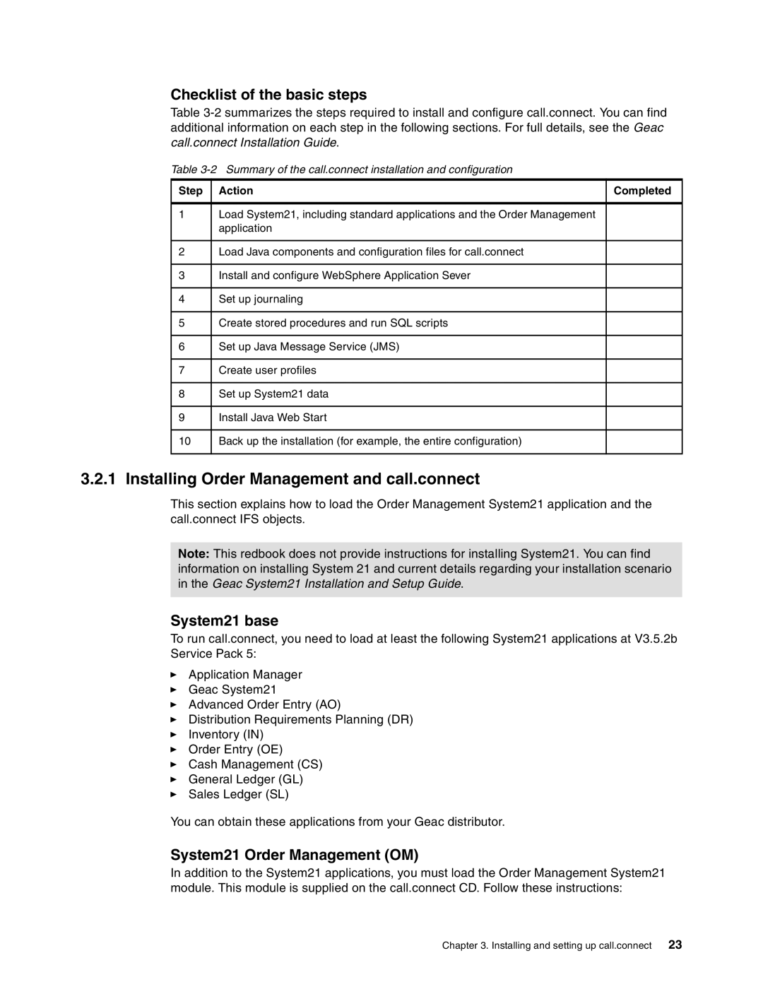 IBM SG24-6526-00 manual Installing Order Management and call.connect, Checklist of the basic steps, System21 base 