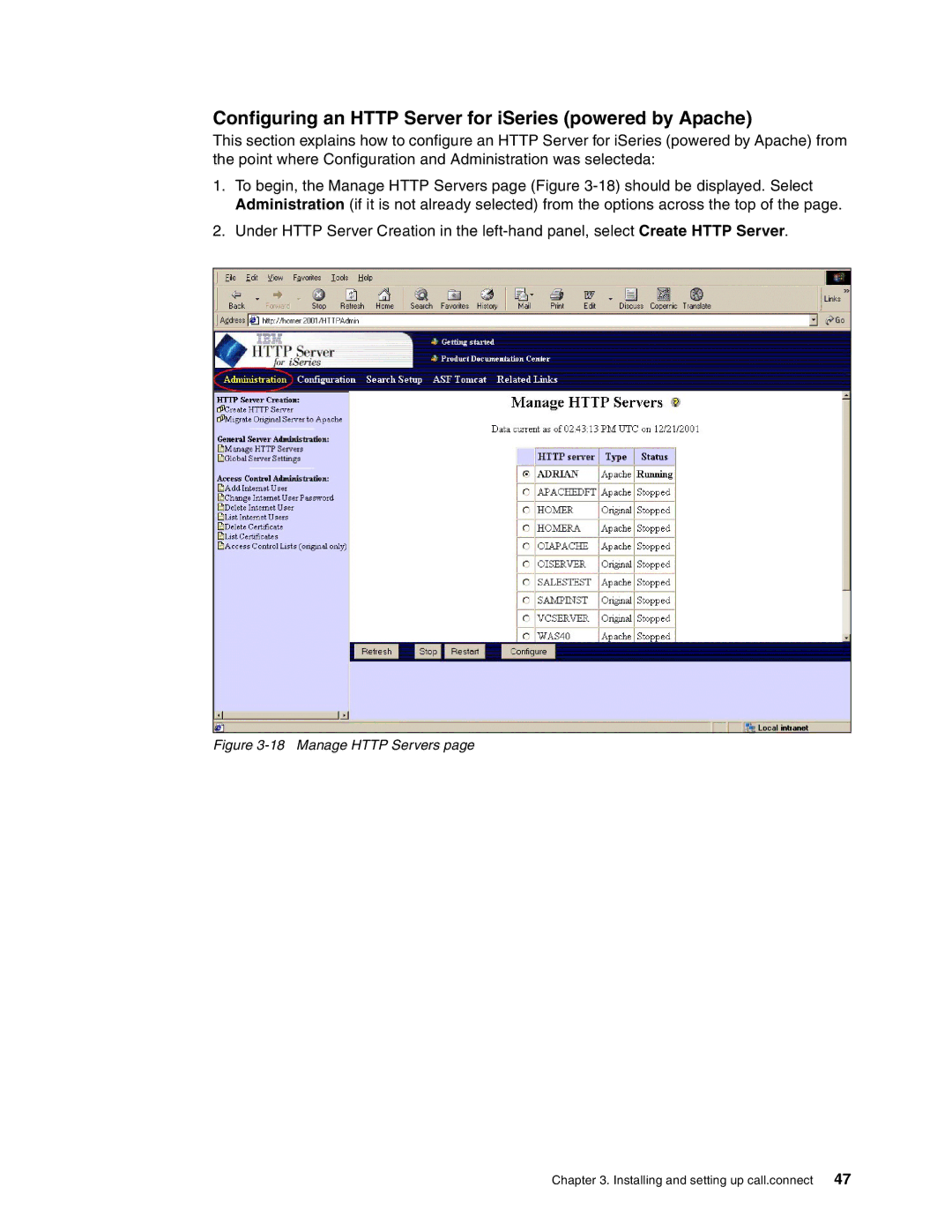 IBM SG24-6526-00 manual Configuring an Http Server for iSeries powered by Apache, Manage Http Servers 