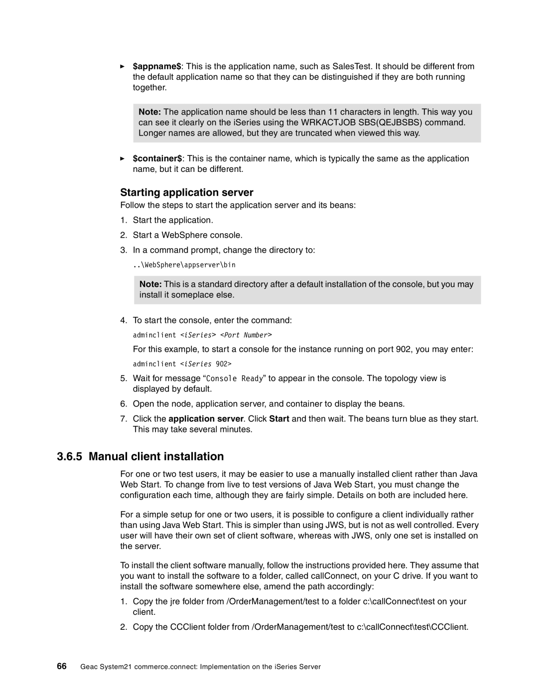 IBM SG24-6526-00 manual Manual client installation, Starting application server 