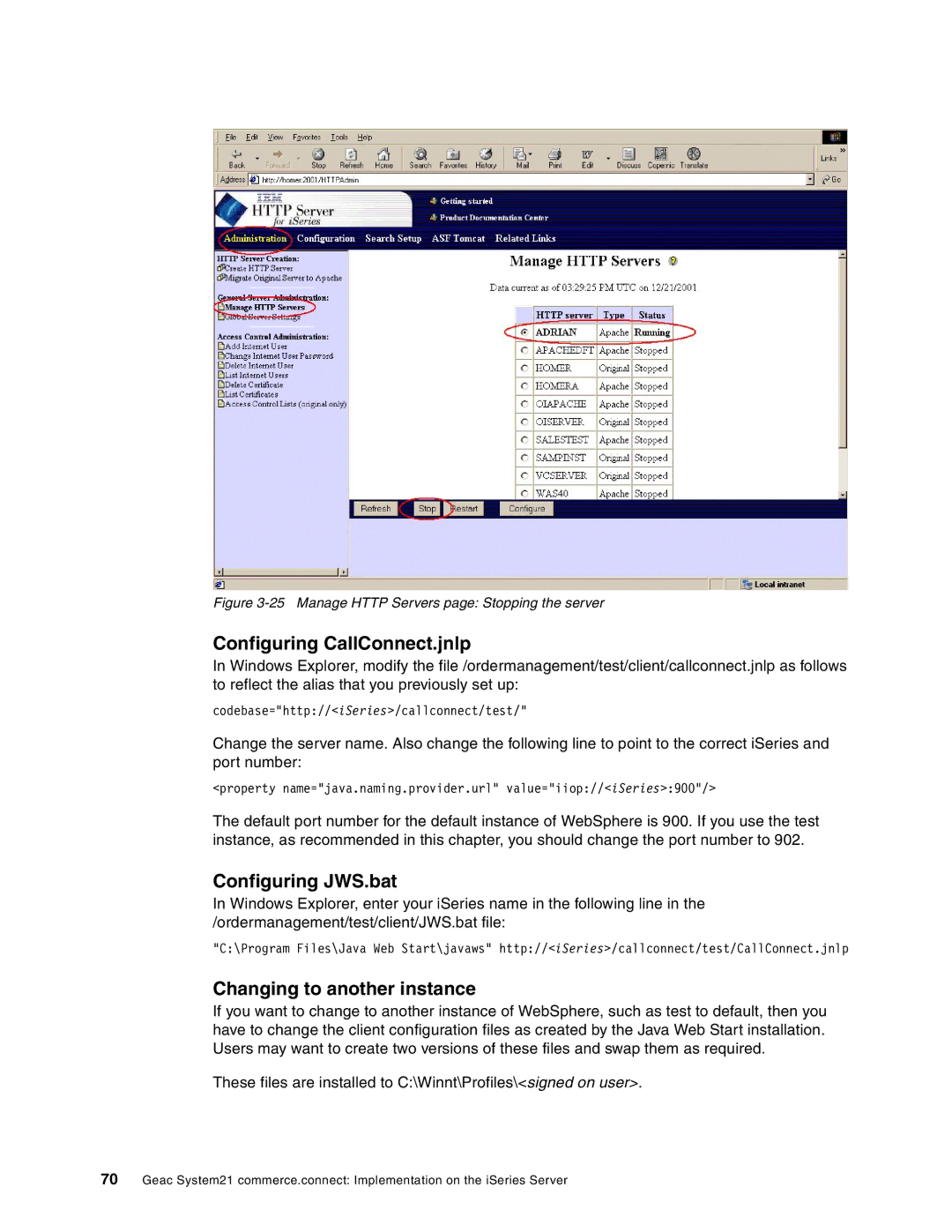 IBM SG24-6526-00 manual Changing to another instance, Manage Http Servers page Stopping the server 