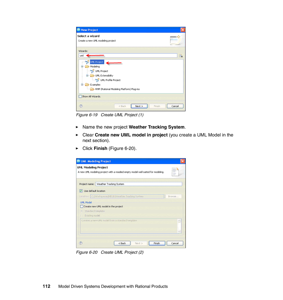 IBM SG24-7368-00 manual Name the new project Weather Tracking System, Create UML Project 