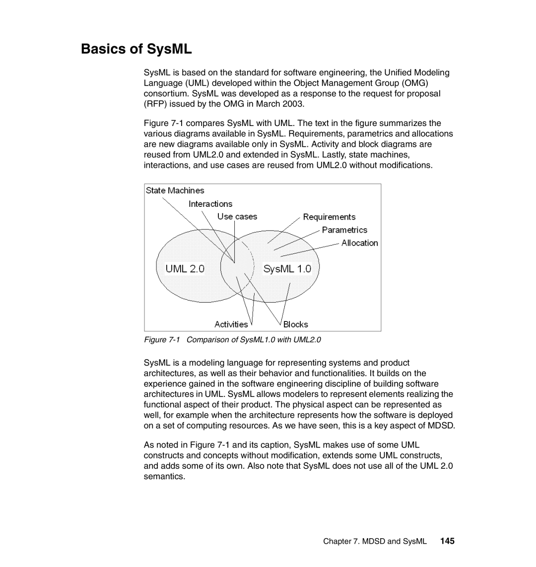 IBM SG24-7368-00 manual Basics of SysML, Comparison of SysML1.0 with UML2.0 