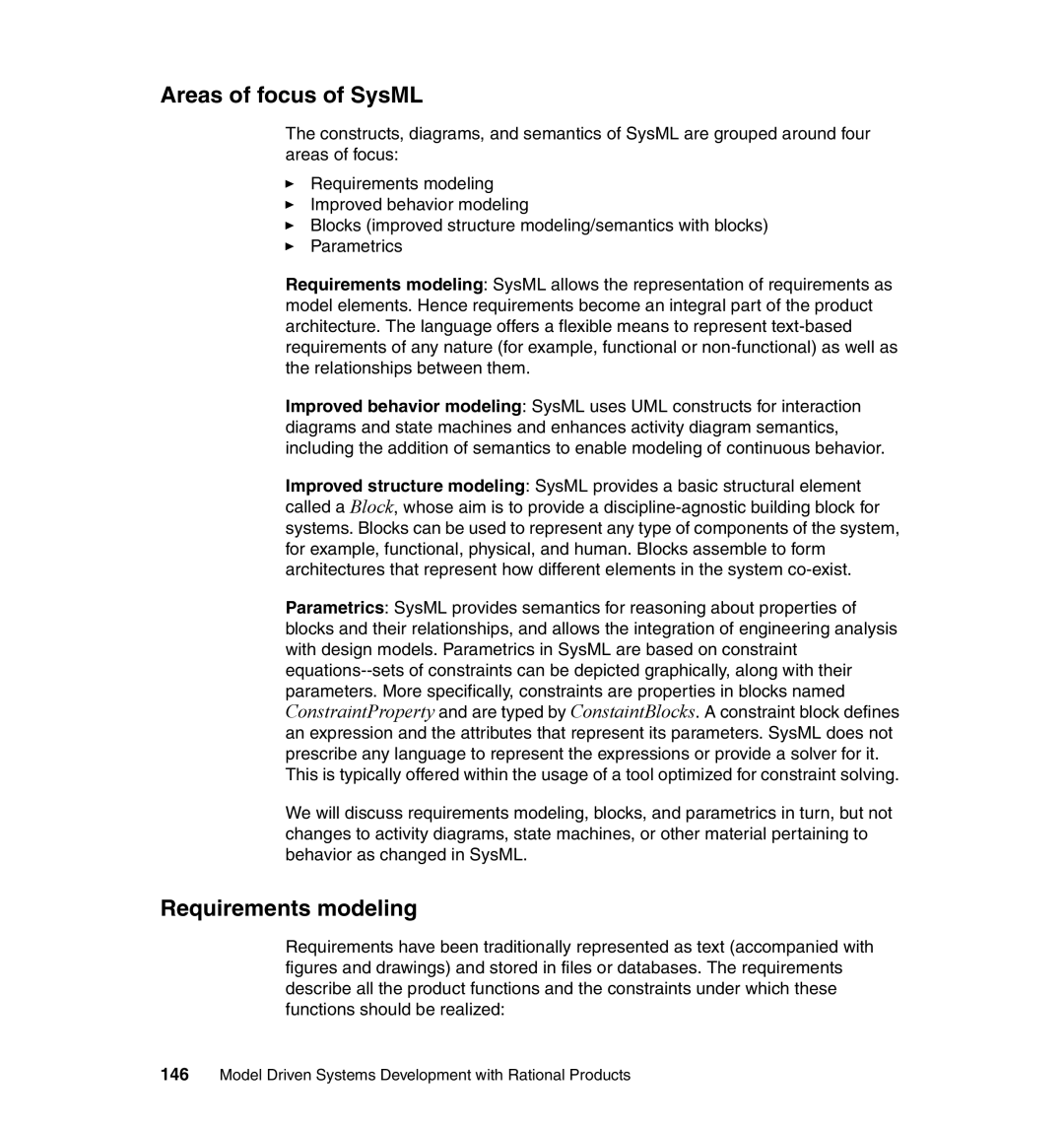 IBM SG24-7368-00 manual Areas of focus of SysML, Requirements modeling 