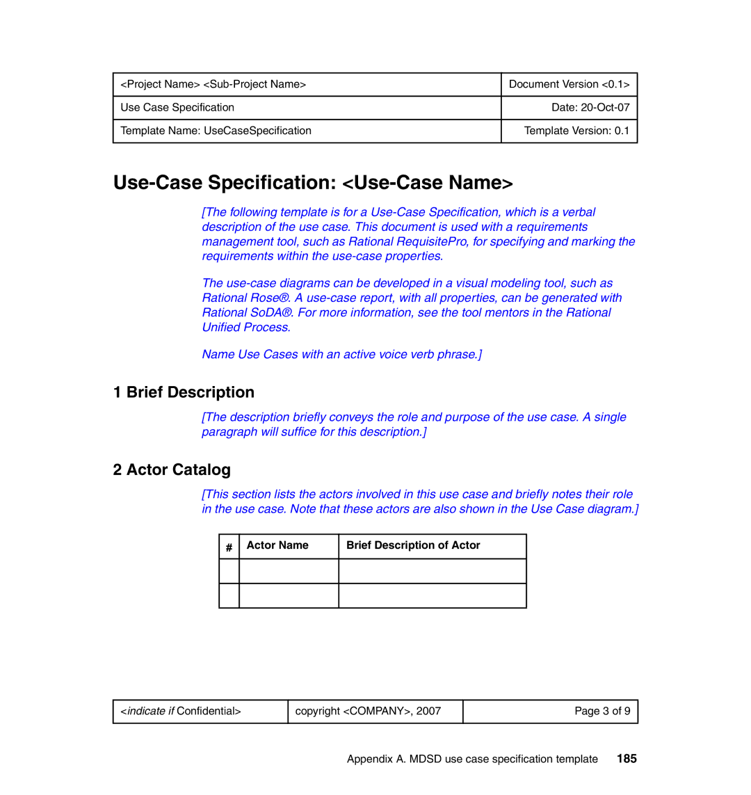 IBM SG24-7368-00 manual Use-Case Specification Use-Case Name, Brief Description, Actor Catalog 