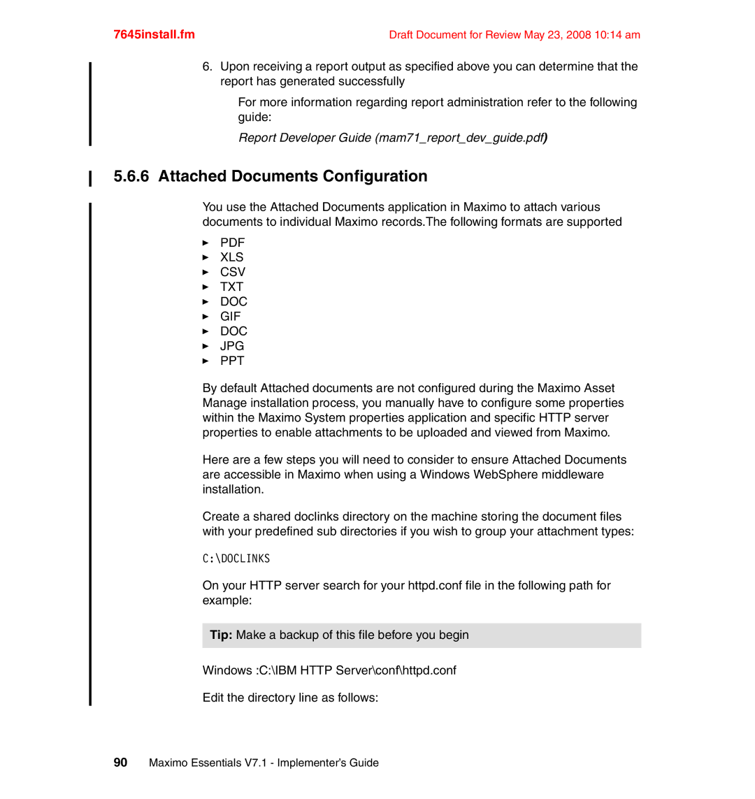 IBM SG24-7645-00 manual Attached Documents Configuration, Xls Csv Txt Doc Gif Jpg Ppt 