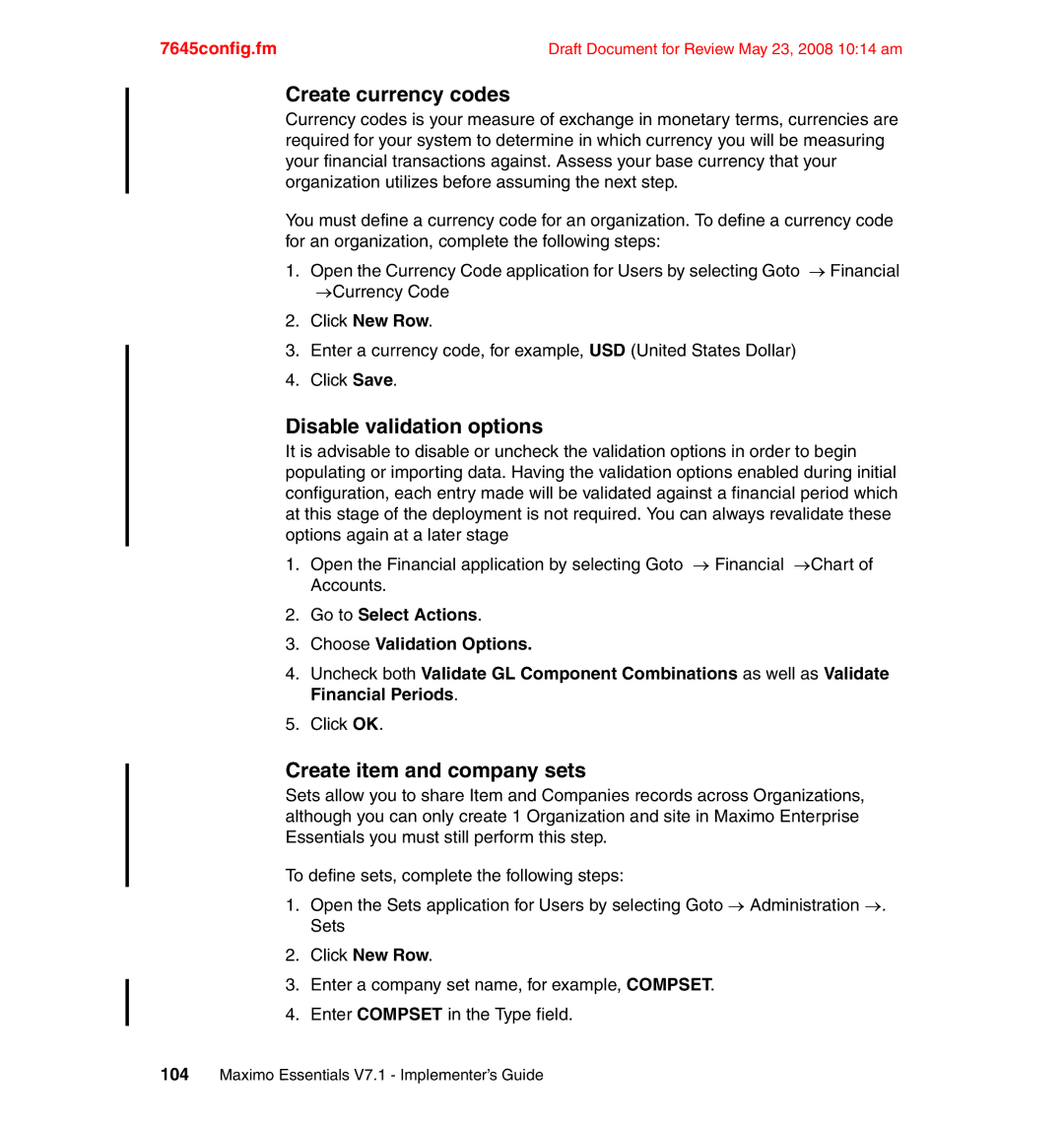 IBM SG24-7645-00 manual Create currency codes, Disable validation options, Create item and company sets 