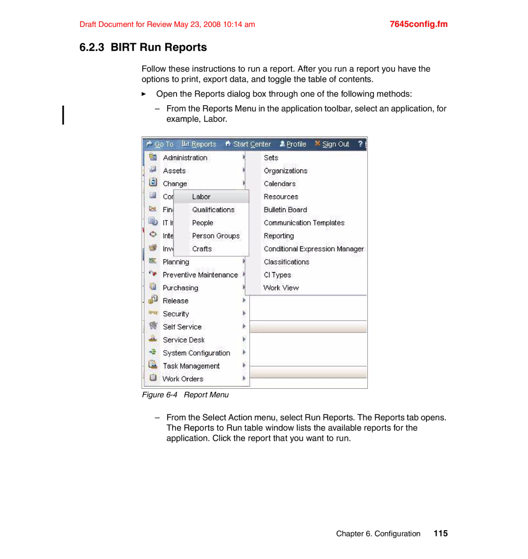 IBM SG24-7645-00 manual Birt Run Reports, Report Menu 