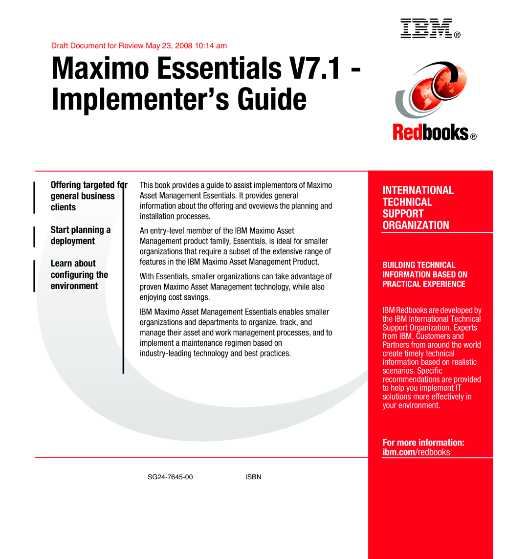 IBM SG24-7645-00 manual Maximo Essentials Implementer’s Guide 