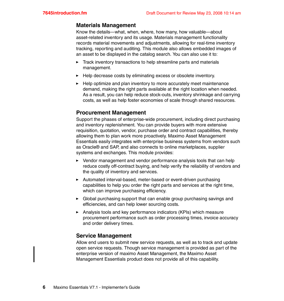 IBM SG24-7645-00 manual Materials Management, Procurement Management, Service Management 