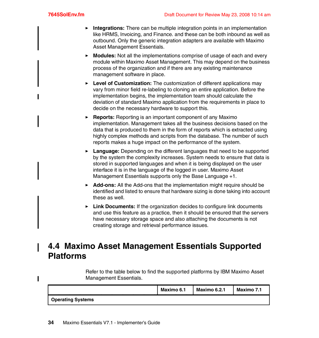 IBM SG24-7645-00 manual Maximo Asset Management Essentials Supported Platforms 