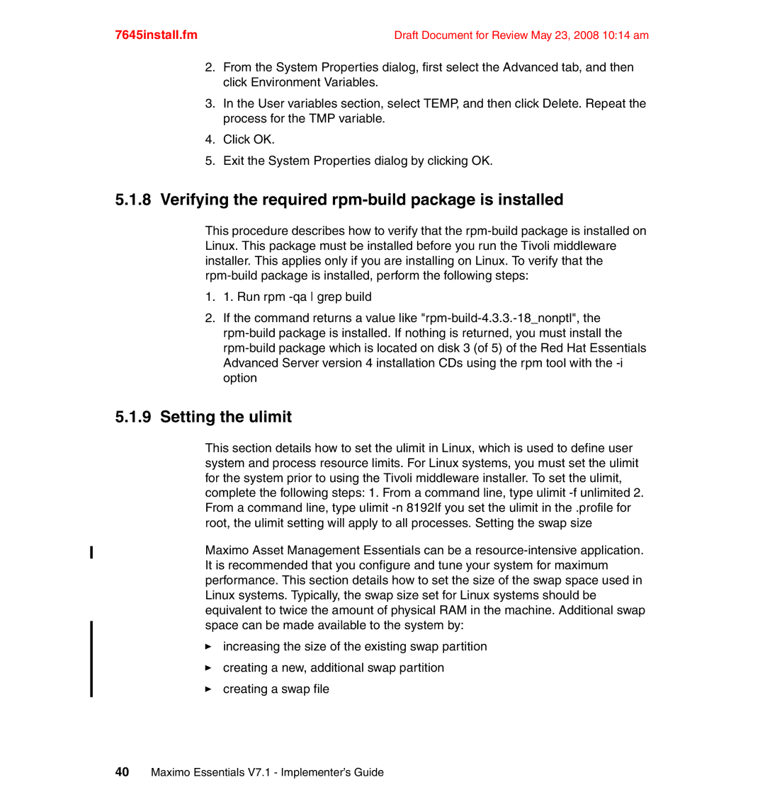 IBM SG24-7645-00 manual Verifying the required rpm-build package is installed, Setting the ulimit 