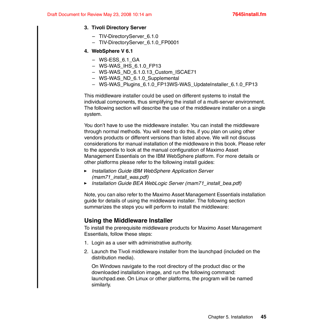 IBM SG24-7645-00 manual Using the Middleware Installer, WebSphere V 