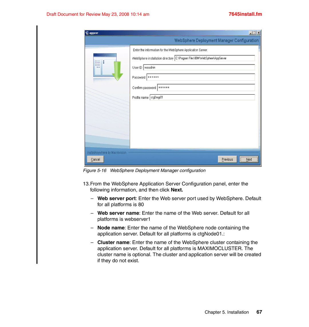 IBM SG24-7645-00 manual WebSphere Deployment Manager configuration 