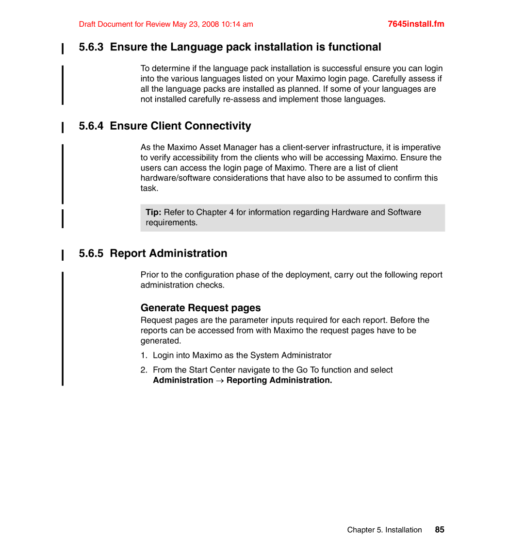 IBM SG24-7645-00 Ensure the Language pack installation is functional, Ensure Client Connectivity, Report Administration 