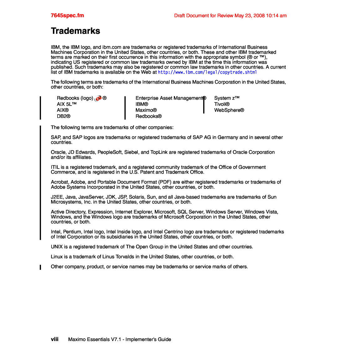 IBM SG24-7645-00 manual Trademarks, 7645spec.fm 