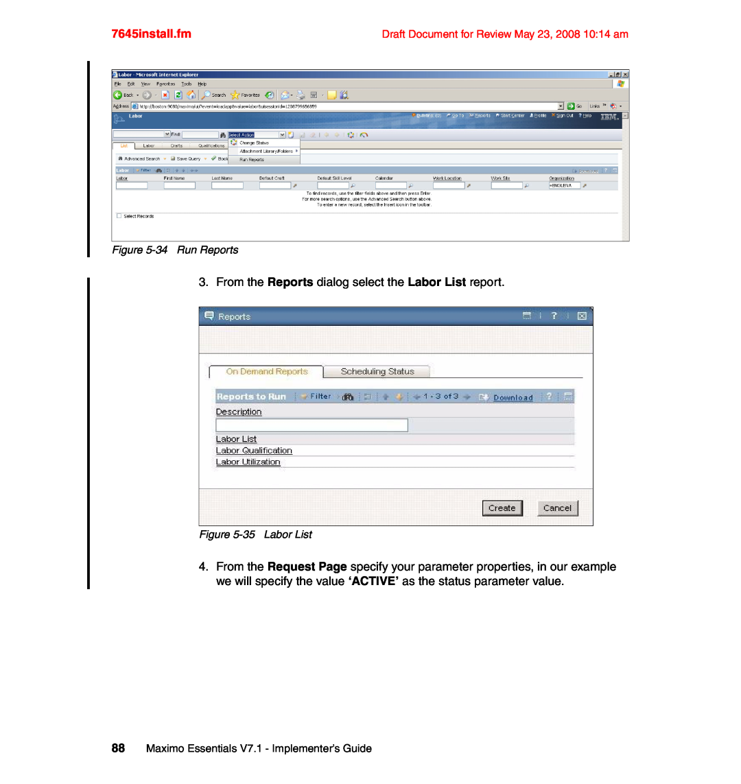 IBM SG24-7645-00 manual 7645install.fm, 34Run Reports, 35Labor List, 88Maximo Essentials V7.1 - Implementer’s Guide 