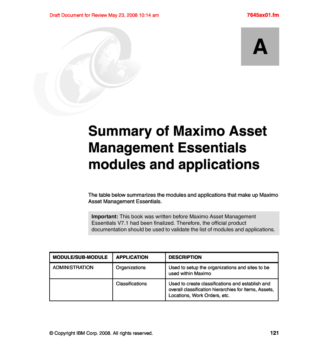 IBM SG24-7645-00 manual Appendix A. Summary of Maximo Asset, Management Essentials modules and applications, 7645ax01.fm 