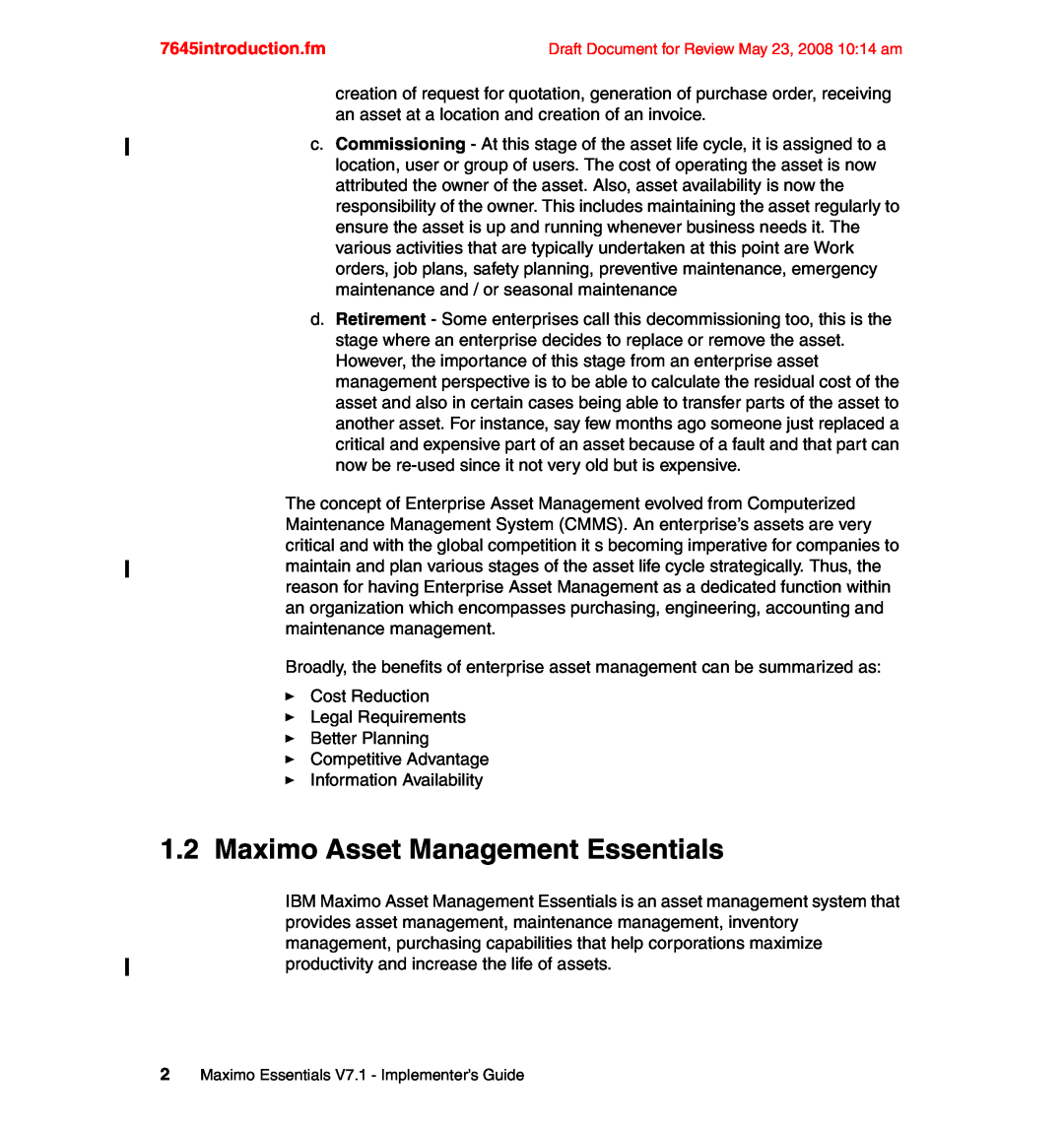 IBM SG24-7645-00 manual 1.2Maximo Asset Management Essentials, 7645introduction.fm 