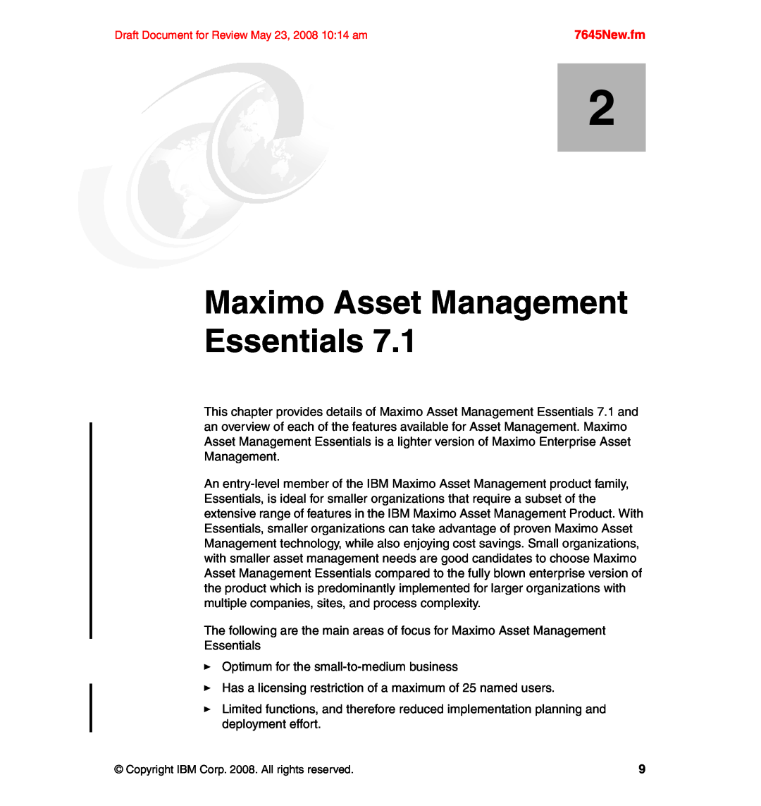 IBM SG24-7645-00 manual Maximo Asset Management Essentials, 7645New.fm 