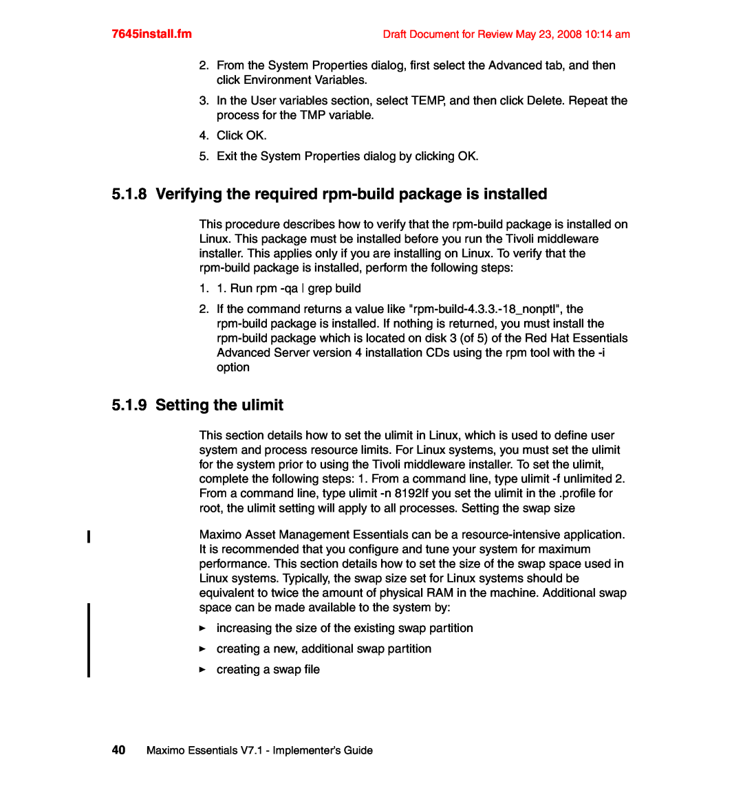 IBM SG24-7645-00 manual 5.1.9Setting the ulimit, 7645install.fm 