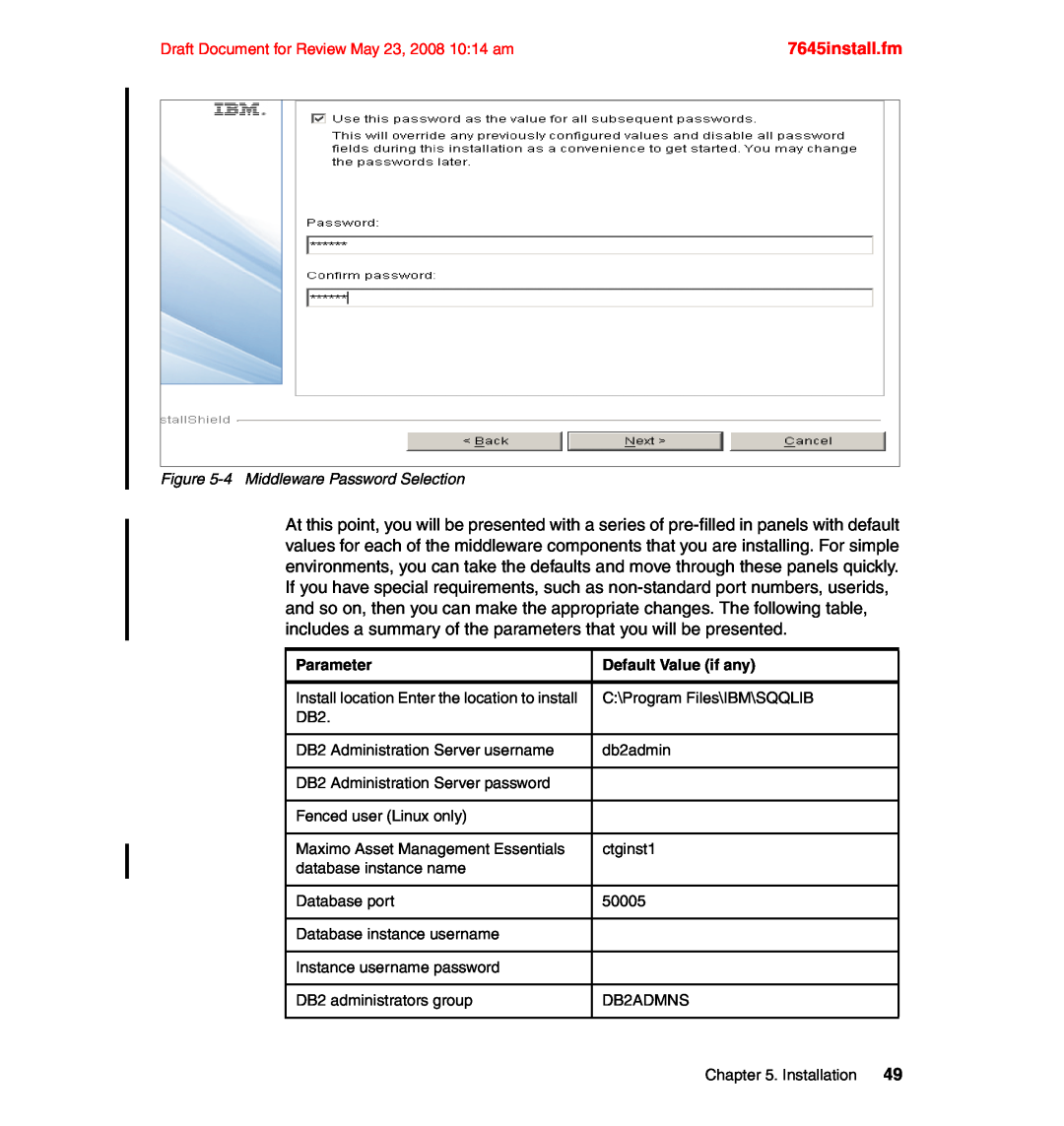 IBM SG24-7645-00 manual 7645install.fm, Parameter, Default Value if any 