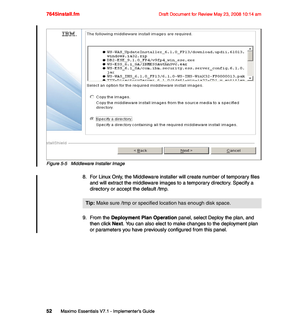IBM SG24-7645-00 manual 7645install.fm, 5Middleware Installer Image, 52Maximo Essentials V7.1 - Implementer’s Guide 