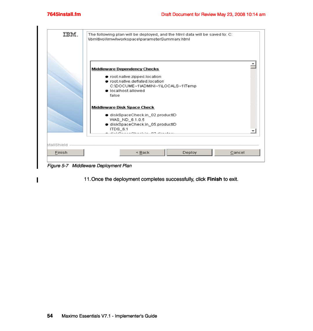 IBM SG24-7645-00 manual 7645install.fm, 7Middleware Deployment Plan, 54Maximo Essentials V7.1 - Implementer’s Guide 