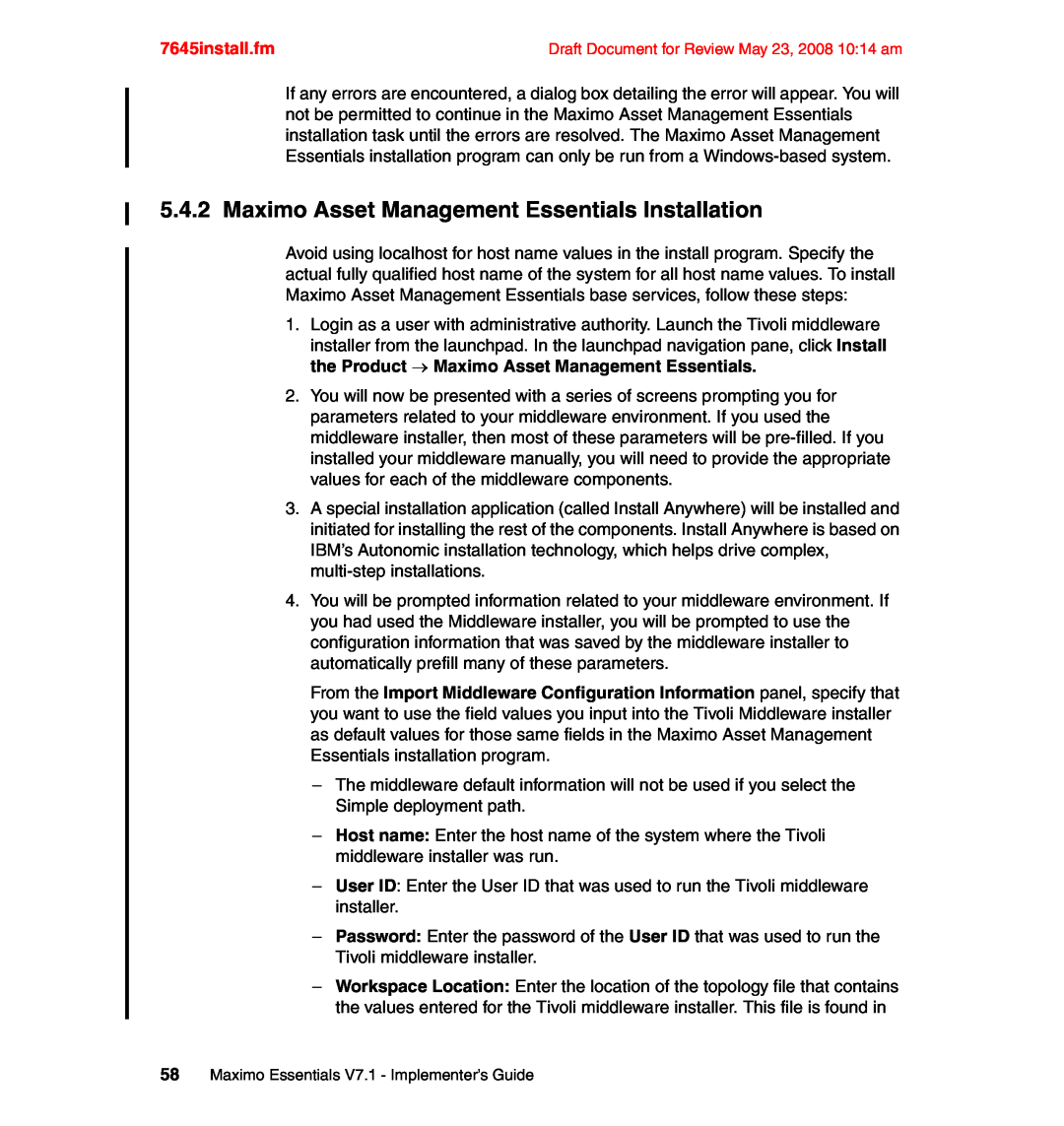 IBM SG24-7645-00 manual 7645install.fm, 58Maximo Essentials V7.1 - Implementer’s Guide 