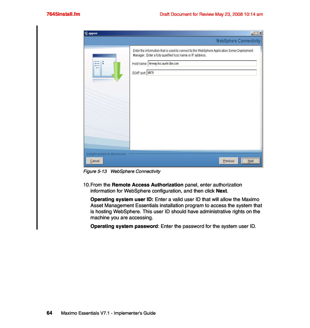 IBM SG24-7645-00 manual 7645install.fm, 13WebSphere Connectivity, 64Maximo Essentials V7.1 - Implementer’s Guide 
