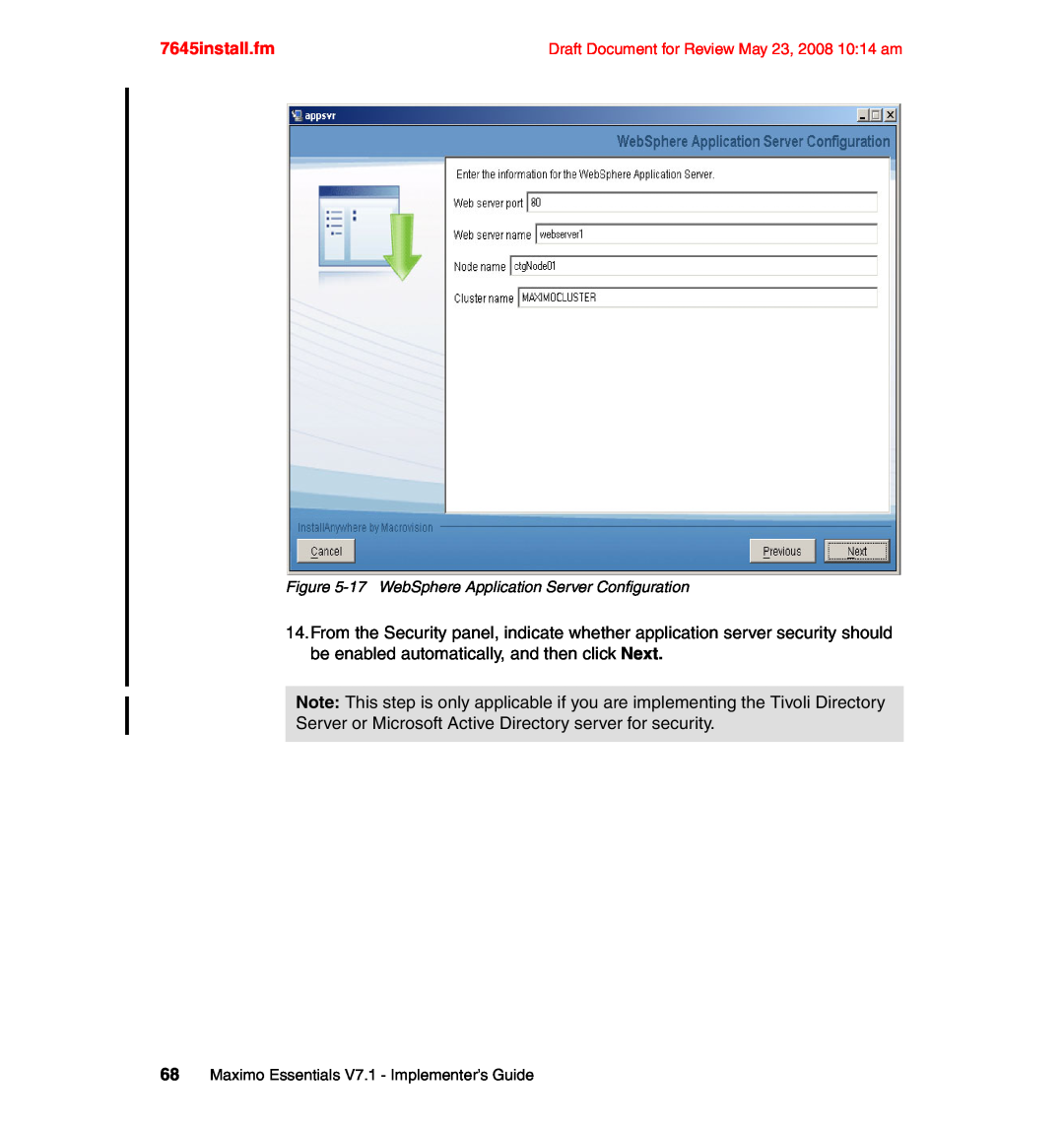 IBM SG24-7645-00 manual 7645install.fm, 68Maximo Essentials V7.1 - Implementer’s Guide 