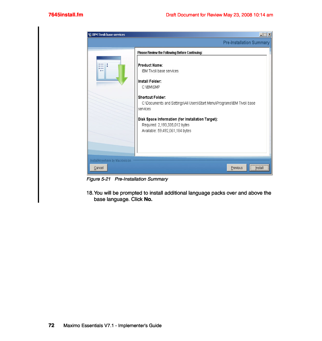IBM SG24-7645-00 manual 7645install.fm, 21 Pre-InstallationSummary, 72Maximo Essentials V7.1 - Implementer’s Guide 