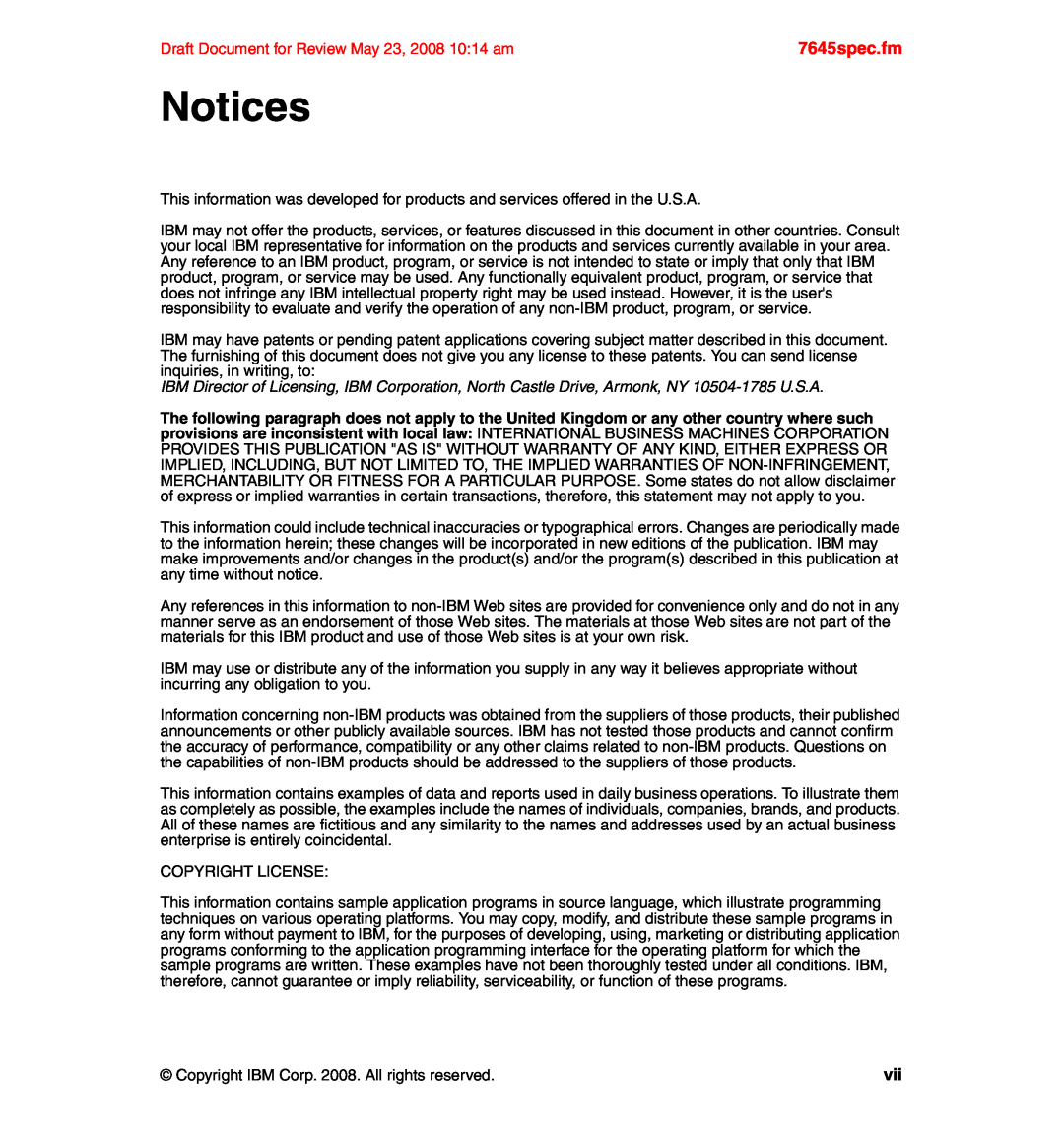 IBM SG24-7645-00 manual Notices, 7645spec.fm, Draft Document for Review May 23, 2008 10:14 am 