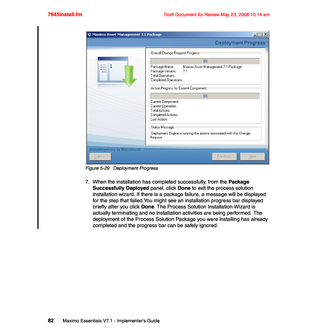 IBM SG24-7645-00 manual 7645install.fm, 29Deployment Progress, 82Maximo Essentials V7.1 - Implementer’s Guide 