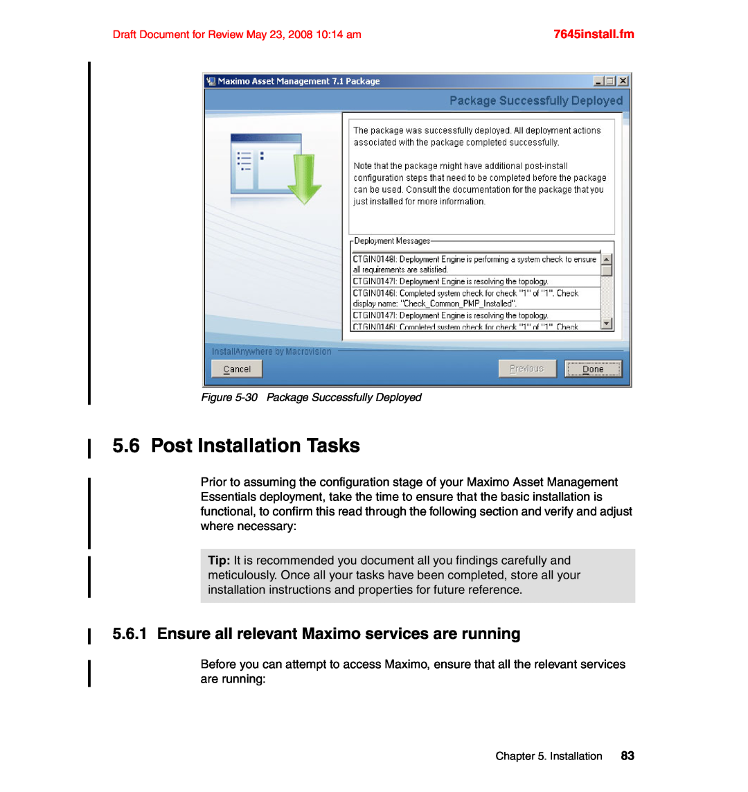IBM SG24-7645-00 manual Post Installation Tasks, 7645install.fm, 30Package Successfully Deployed 