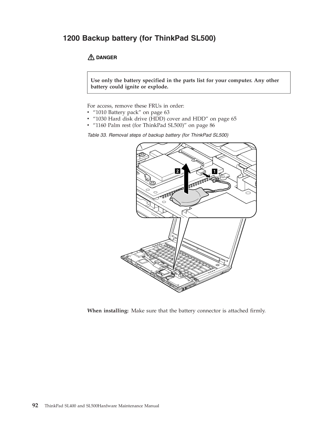 IBM manual Backup battery for ThinkPad SL500 