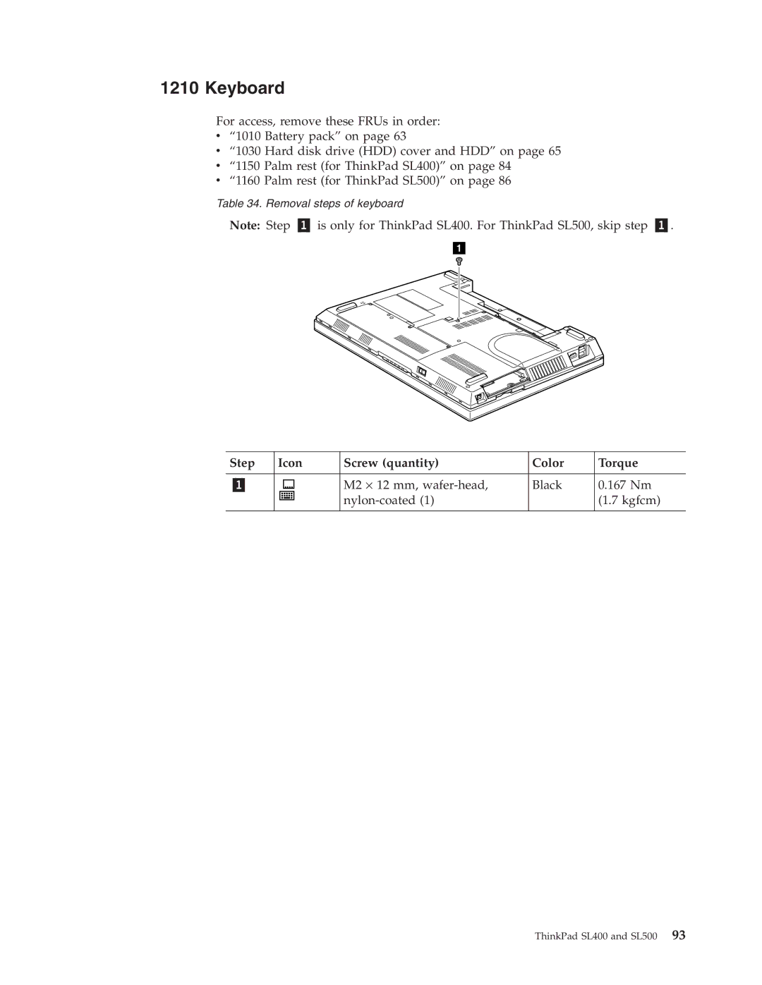 IBM SL500 manual Keyboard, Step Icon Screw quantity Color Torque 