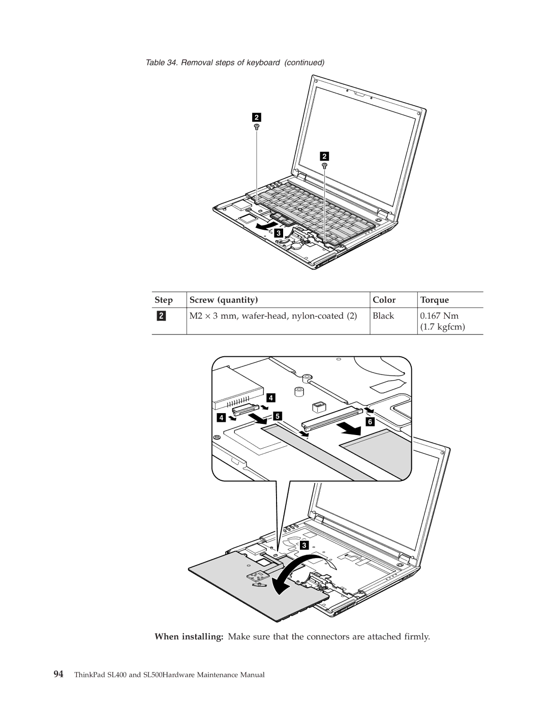 IBM SL500 manual Step Screw quantity Color Torque 