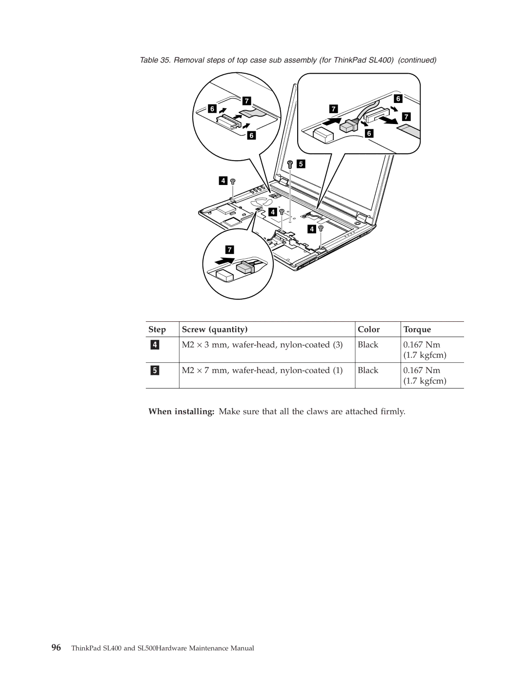 IBM SL500 manual Step Screw quantity Color Torque 