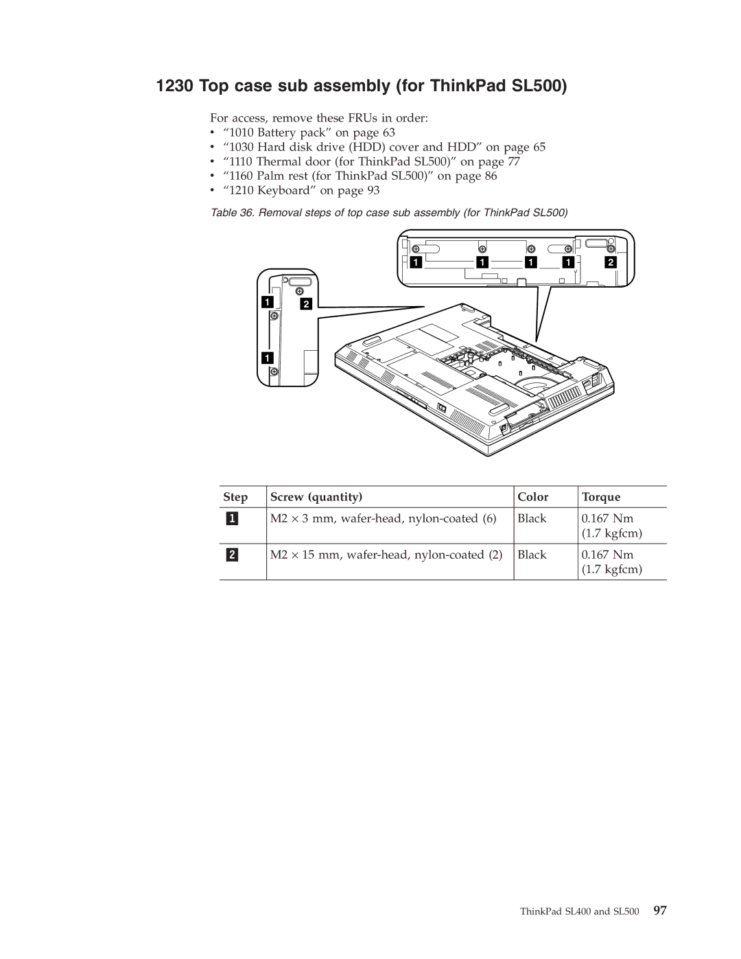 IBM manual Top case sub assembly for ThinkPad SL500 