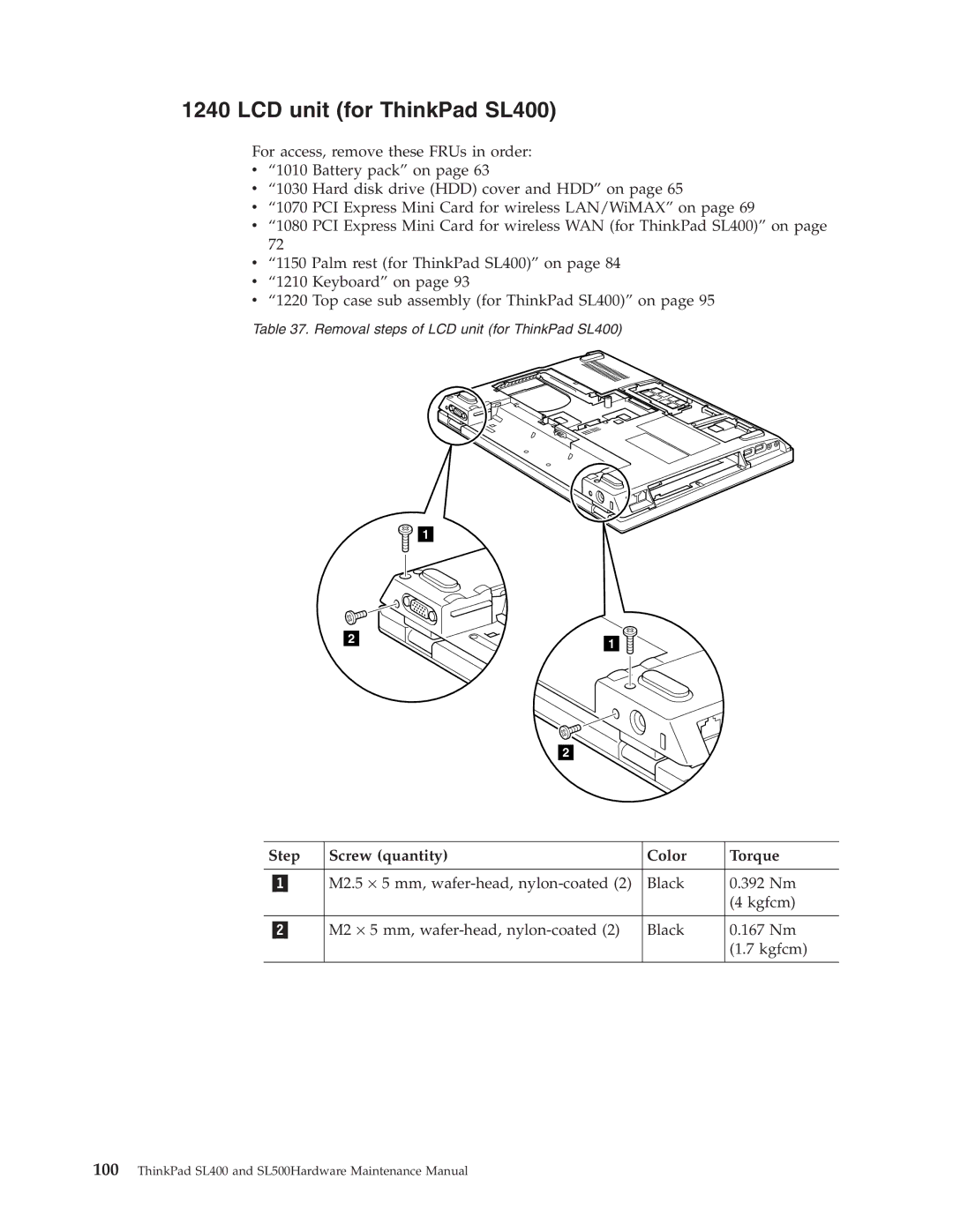 IBM SL500 manual LCD unit for ThinkPad SL400 