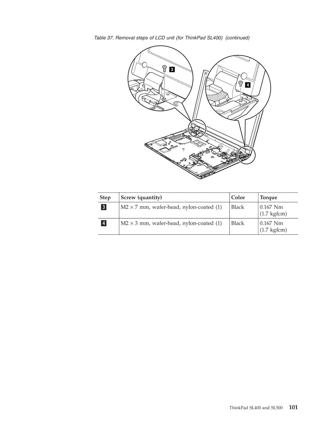 IBM SL500 manual Step Screw quantity Color Torque 