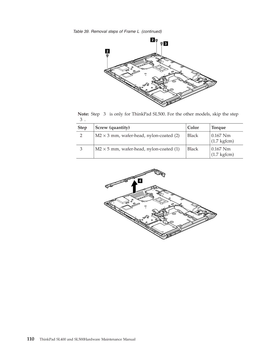 IBM SL500 manual Step Screw quantity Color Torque 