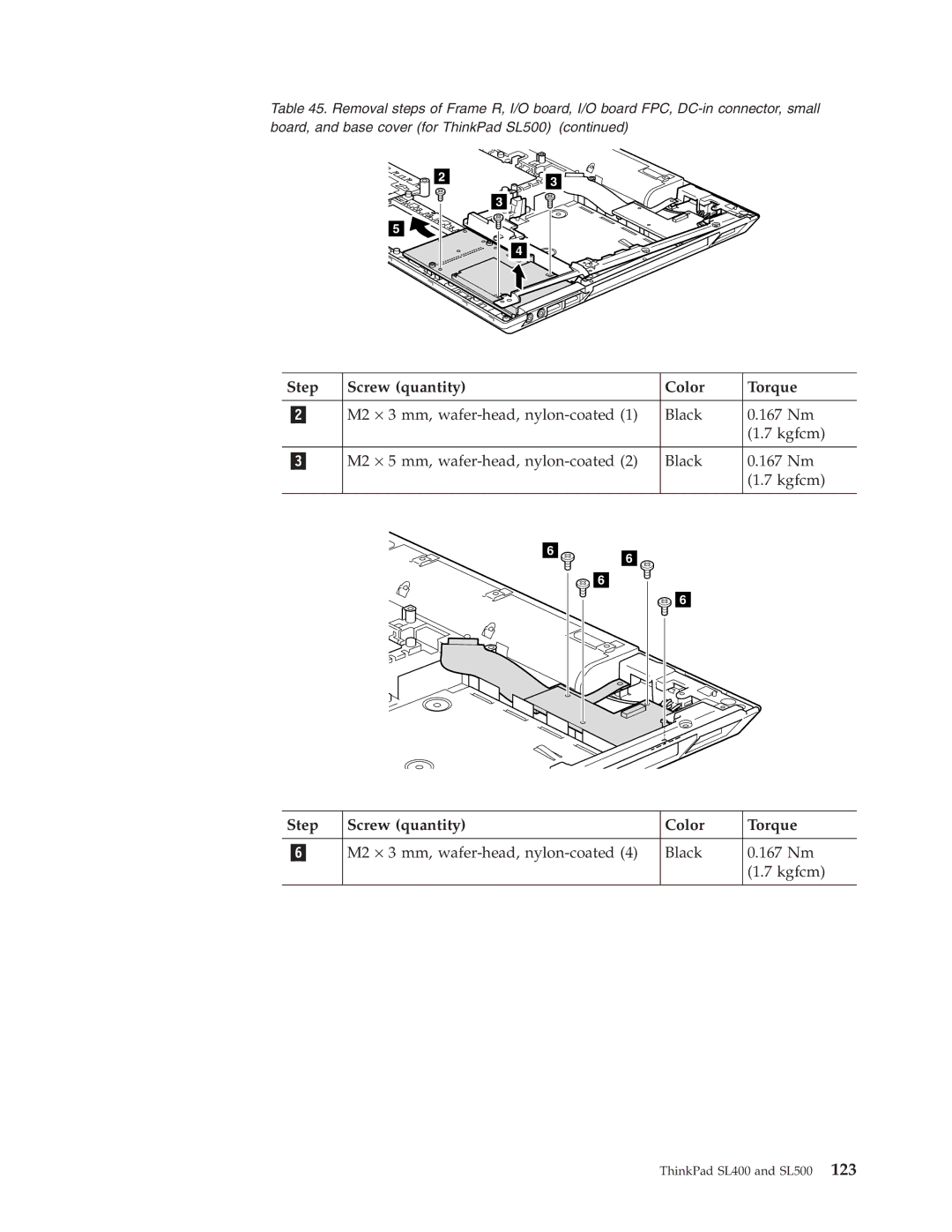 IBM SL500 manual Step Screw quantity Color Torque 