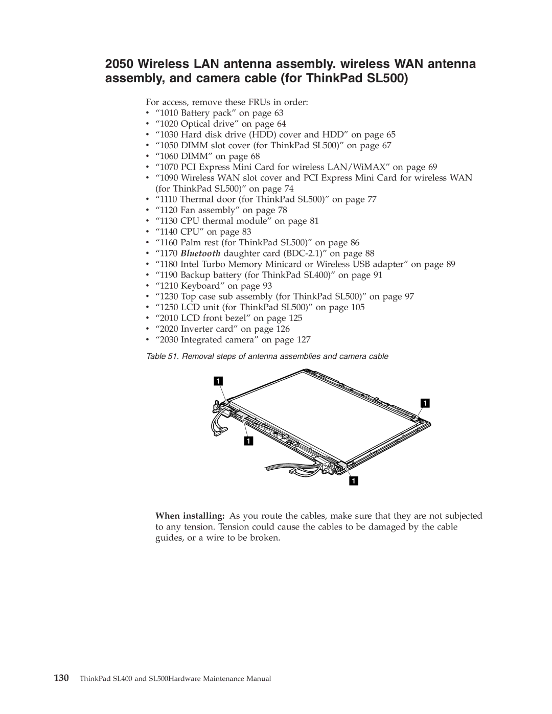 IBM SL500 manual Removal steps of antenna assemblies and camera cable 