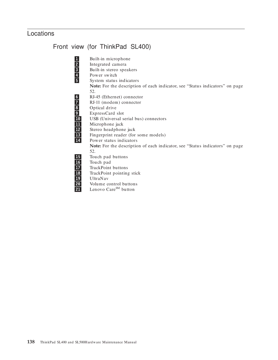 IBM SL500 manual Locations Front view for ThinkPad SL400 