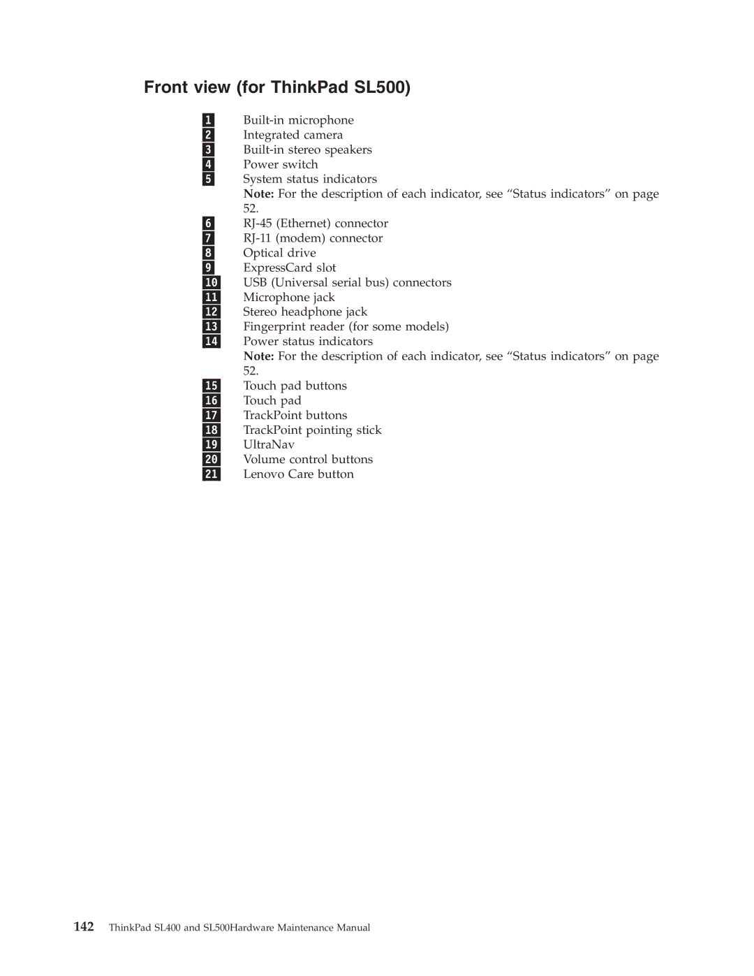 IBM manual Front view for ThinkPad SL500 