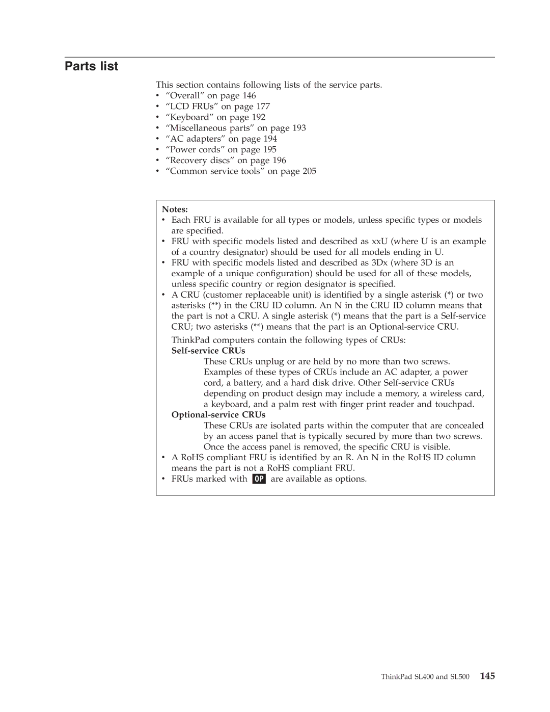 IBM SL500 manual Parts list, Self-service CRUs, Optional-service CRUs 