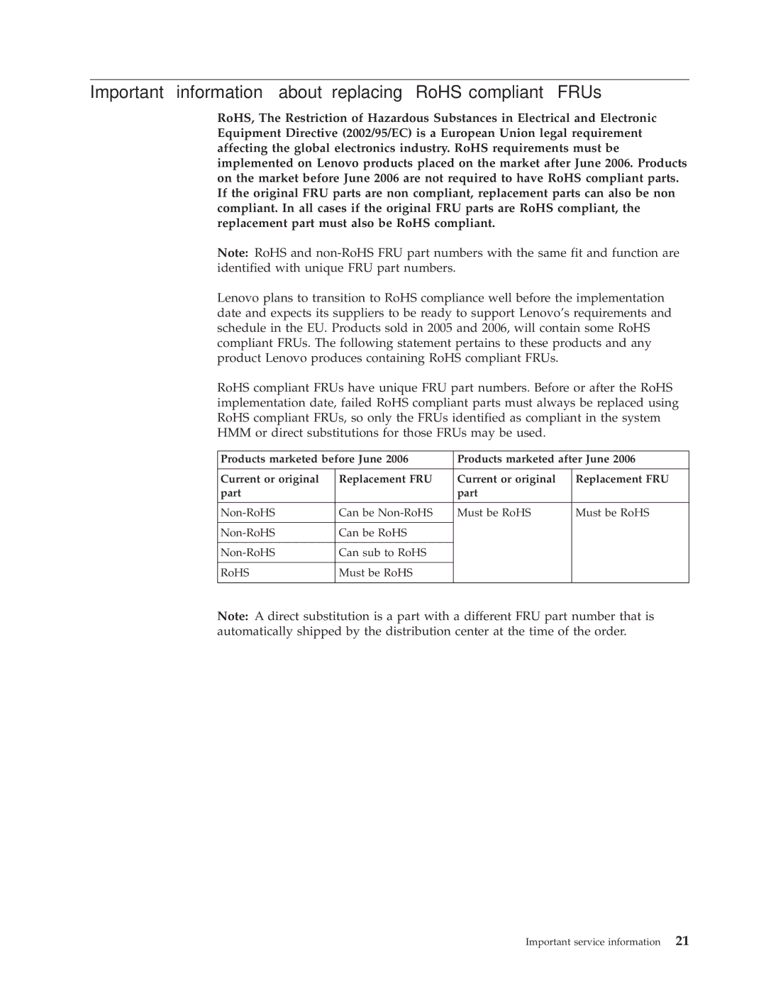 IBM SL500 manual Important information about replacing RoHS compliant FRUs 