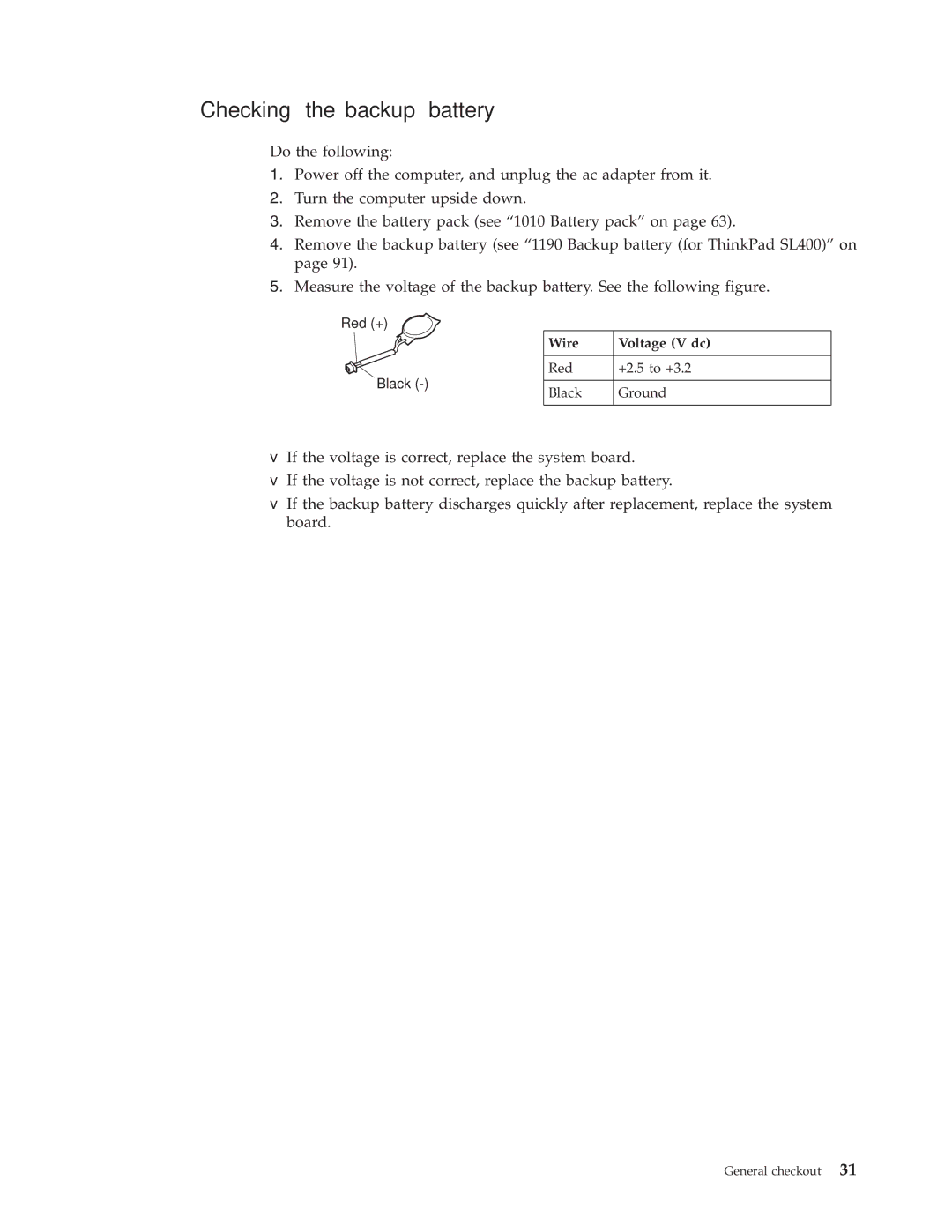 IBM SL500 manual Checking the backup battery, Wire Voltage V dc 