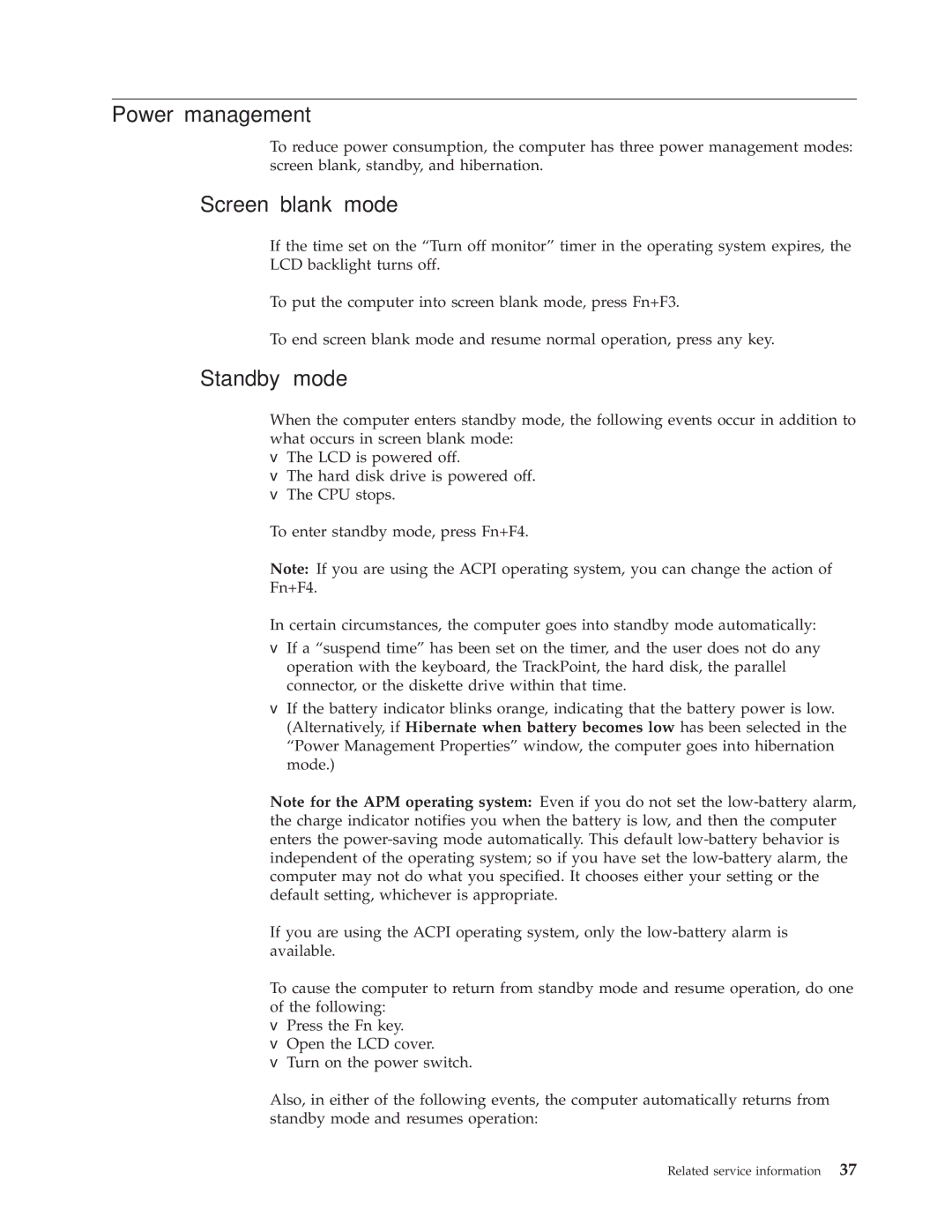 IBM SL500 manual Power management, Screen blank mode, Standby mode 